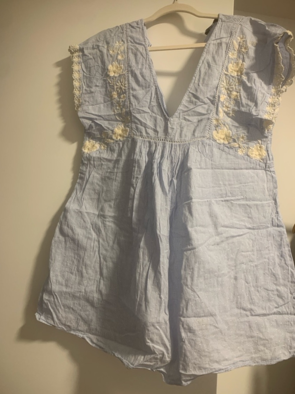 Zara Light Blue Embroidered V-Neck doll overalls
